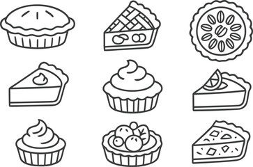 Collection of hand drawn desserts including pies cupcakes and tarts