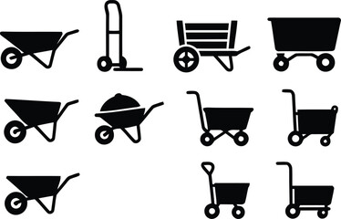 Collection of hand drawn black silhouettes of various carts and wheelbarrows