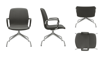 Multiple views of a gray office chair with chrome base on transparent background