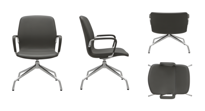 Multiple views of a gray office chair with chrome base on transparent background