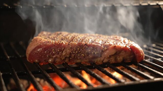 Slow Motion of Tasty Beef Steak Meat Falling on Hot Grill with Flames 