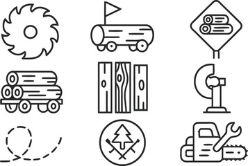 Collection of line art icons representing forestry and woodworking industries