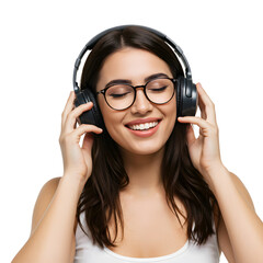 Fototapeta premium Young woman with glasses blissfully enjoying music through large headphones, eyes closed in pure delight and a radiant smile.