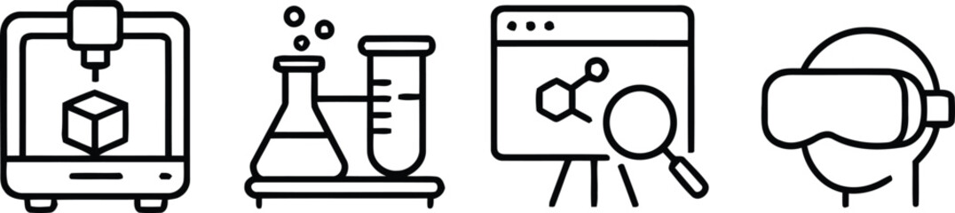Icons representing 3d printing chemistry digital research and virtual reality