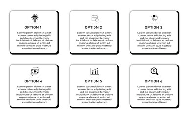 Marketing process visualization timeline diagram | Business data representation with white geometric diagram with icon | 6 steps with black border flowchart   for business