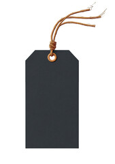 Dark gray rectangular tag with a tan cord
