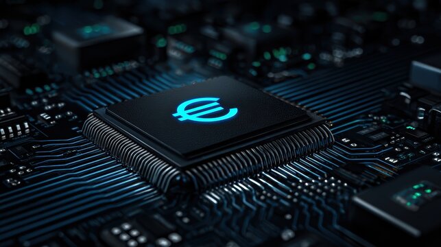 Euro Symbol on Tech Chip: Digital Currency, Finance, Economy
