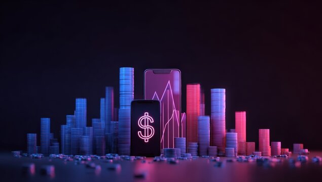 Financial cityscape with glowing phones