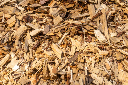 Close-up texture of wood chips for biomass fuel, mulch, and sustainable energy production, natural wooden background in brown tones