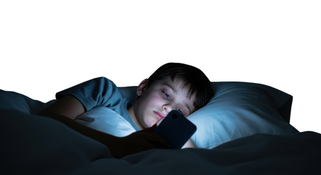 addiction night. bed smartphone boy Young with kid at person youth in lying