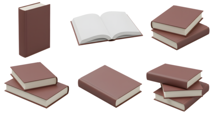Collection of brown hardcover books in various arrangements on transparent background