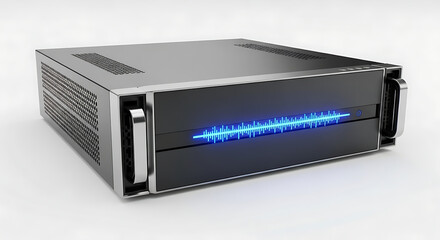 Modern server rack with glowing blue light on white background technology concept