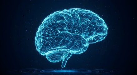 Fototapeta premium Futuristic glowing digital brain made of neural network connections and blue light lines on dark background, symbolizing artificial intelligence, innovation, technology, data, and science concept