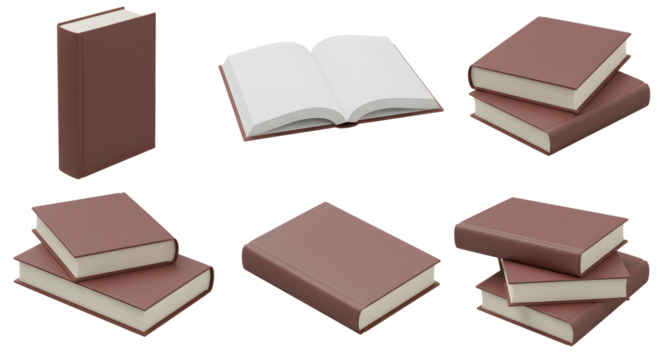 Collection of brown hardcover books in various arrangements on transparent background