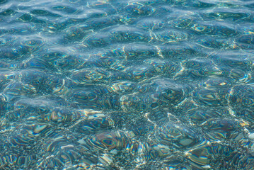 Blue water texture, transparent sea surface with rocky bottom. Aerial view, natural blue background, abstract pattern