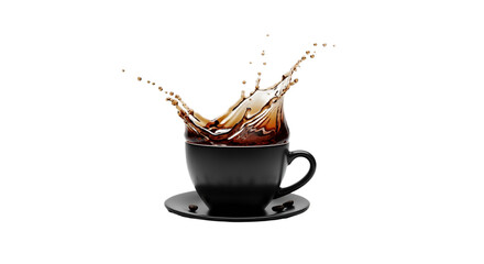 Close-up shot of dark coffee splashing dramatically into a black ceramic teacup and saucer, isolated on a white background