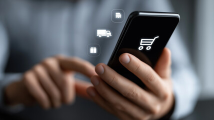 Human hands holding smartphone with radiant holographic symbols of shipping boxes, delivery trucks, and home courier icons floating above, representing advanced global e-commerce technology