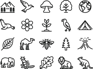 Collection of nature and animal icons in a simple line art style Keywords: nature, animals, icons