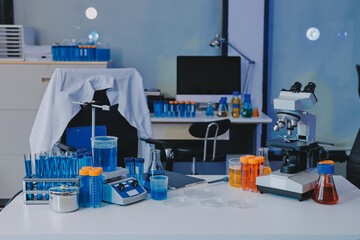 Collaboration, tablet or science with people in lab together for research or development. Innovation, tech and microscope with scientist team in clinical trial for planning or medical investigation