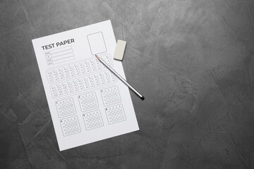Student passing exam. Answer sheet, pencil and eraser on gray textured table, flat lay. Space for...