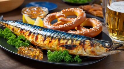 Grilled Mackerel Fish Dish: Healthy Food, Seafood Meal, Pretzel