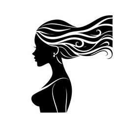 woman side view silhouette. A black silhouette of a woman in profile view with flowing hair and an elegant posture. Vector clipart black illustration design.