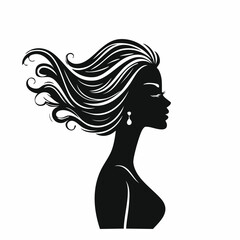 woman side view silhouette. A black silhouette of a woman in profile view with flowing hair and an elegant posture. Vector clipart black illustration design.