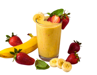 Delicious yellow smoothie in a tall glass surrounded by fresh strawberries and banana slices isolated on transparent background
