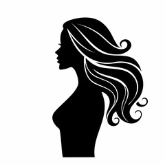 woman side view silhouette. A black silhouette of a woman in profile view with flowing hair and an elegant posture. Vector clipart black illustration design.