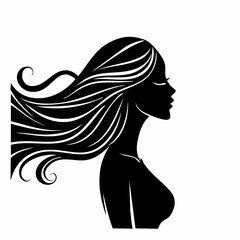 woman side view silhouette. A black silhouette of a woman in profile view with flowing hair and an elegant posture. Vector clipart black illustration design.