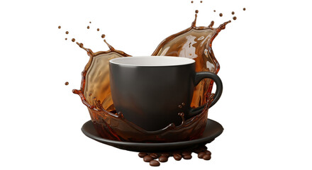 A dark-colored coffee cup sits on a saucer, surrounded by coffee beans.  Coffee is splashing dynamically around the cup, creating an action-packed scene