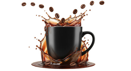 A close-up studio shot against a white background features a black coffee mug. Coffee is splashing out of the mug with coffee beans in the air, creating a dynamic and visually appealing image