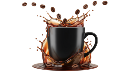 A close-up studio shot against a white background features a black coffee mug. Coffee is splashing out of the mug with coffee beans in the air, creating a dynamic and visually appealing image