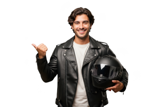 Happy biker points thumbs up holding motorcycle helmet ready for adventure and freedom transparent background