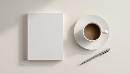 Minimalist mockup of a blank book, coffee cup, and pen on a light surface