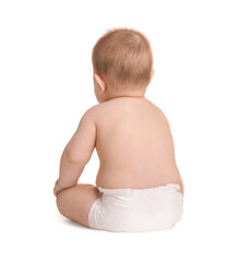 Cute little baby in diaper sitting on white background, back view