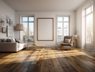 A living room with a white wall and a large picture frame. A couch is in the room and a chair is in front of the picture frame