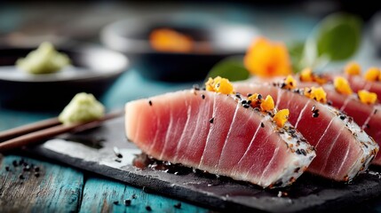 Delicious slices of sushi-grade tuna adorned with sesame seeds and garnished with fresh vegetables, capturing the essence of gourmet dining on a rustic wooden table.