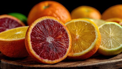 Close-up of citrus fruit slices.  Vibrant oranges, blood oranges, lemons, and limes, showcased on a wooden surface against a black background.  Slices reveal juicy interiors