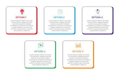 Business infographic white diagram with timeline | Two row business process 6 steps or option chart with two side border and icon | Colourful vector illustration