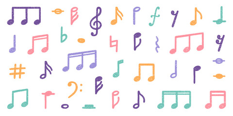 Crayon musical notes doodle set. Punk rock chalk pencil elements in sketch style. Grunge texture. Hand drawn vector illustration isolated on white background.