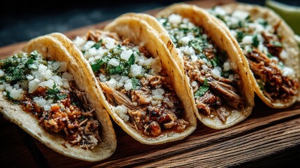 Delicious tacos filled with tender meat, topped with fresh onions and cilantro, served on a rustic wooden board. Perfect for food lovers and culinary enthusiasts.