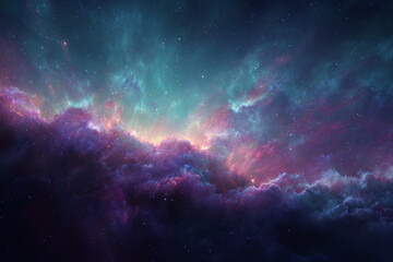 Obraz premium Abstract cosmic nebula colors background with clear text space, dreamy galaxy-inspired wallpaper, vibrant space nebula illustration, colorful cosmic gradient backdrop