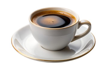 Aromatic Black Coffee in White Cup on Saucer Top View Isolated on Transparent Background