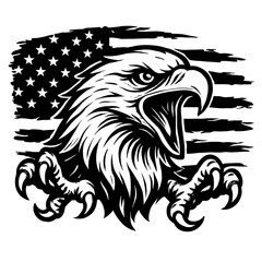 Aggressive bald eagle screaming with American flag background patriotic vector illustration
