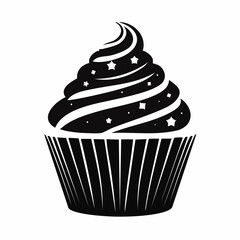 Cupcake silhouette. This image shows a simple black and white silhouette of a cupcake with a swirl of frosting, representing a bakery treat. Vector clipart illustration design.