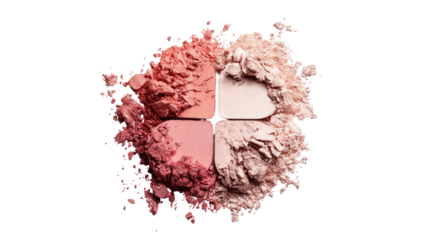 Four shades of blush powder, in a circular arrangement, scattered and overlapping, on a black background
