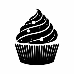 Cupcake silhouette. This image shows a simple black and white silhouette of a cupcake with a swirl of frosting, representing a bakery treat. Vector clipart illustration design.