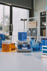 Collaboration, tablet or science with people in lab together for research or development....