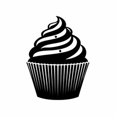 Cupcake silhouette. This image shows a simple black and white silhouette of a cupcake with a swirl of frosting, representing a bakery treat. Vector clipart illustration design.
